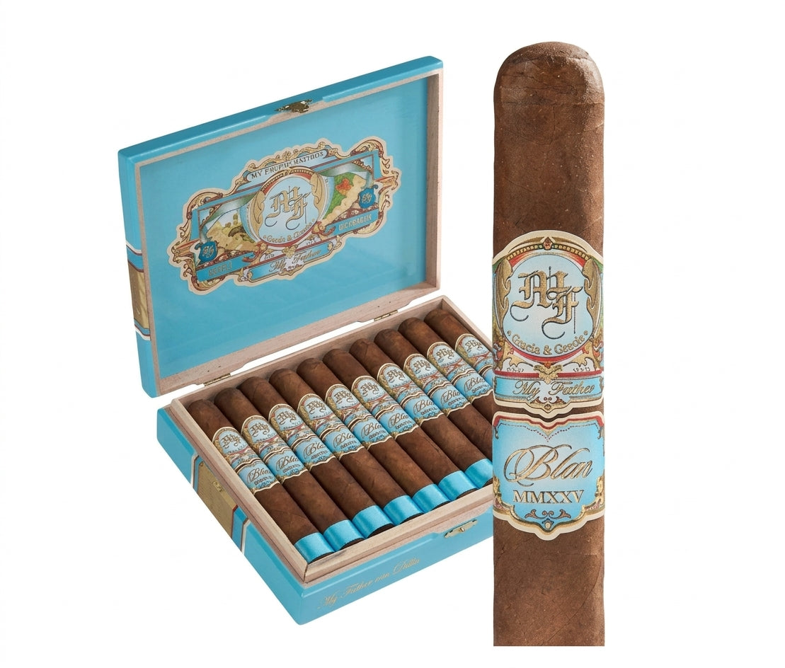 A blue and gold cigar box shown open with several cigars inside, alongside one single cigar standing upright. The cigars are brown with decorative blue and gold bands, and the box features ornate blue and gold detailing.